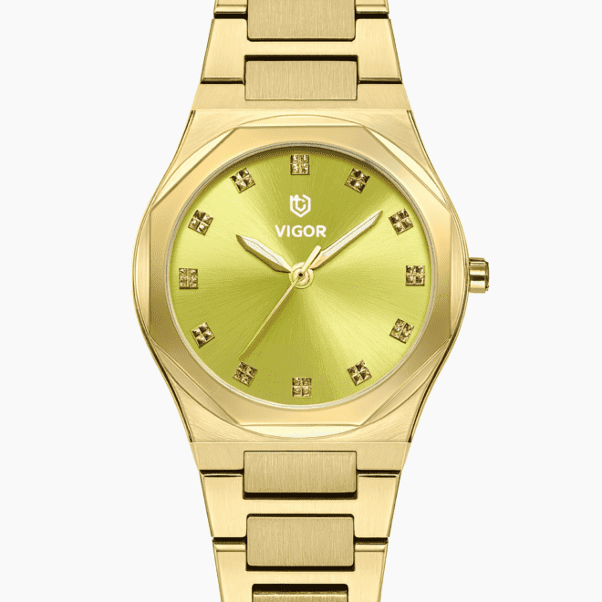 Vigor women’s gold stainless steel watch with olive green dial and crystal hour markers, quartz movement