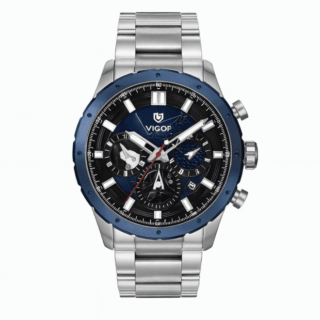 Vigor men’s stainless steel chronograph watch with blue bezel and blue dial, multi-function quartz movement