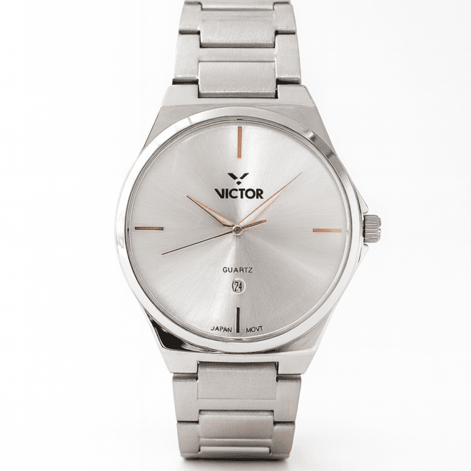 Vigor women’s black stainless steel watch with textured brown dial, gold markers, Japanese quartz movement, date display, water-resistant, scratch-resistant.