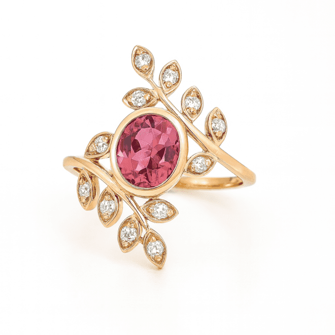 18k rose gold ring with a pink sapphire center stone and natural diamonds, luxury fine jewelry customizable with any gemstone, perfect for UAE and Gulf customers.