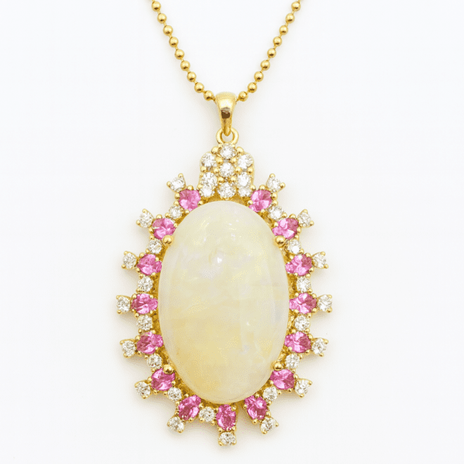 Rare opal pendant with pink sapphires and natural diamonds in 18K yellow gold – luxury handcrafted custom jewelry in Dubai.