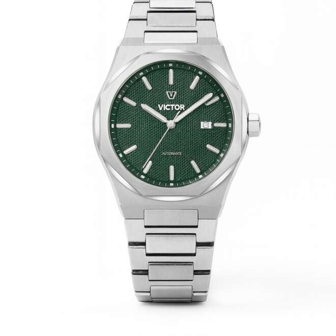 Victor men’s stainless steel automatic watch with green textured dial and date display.