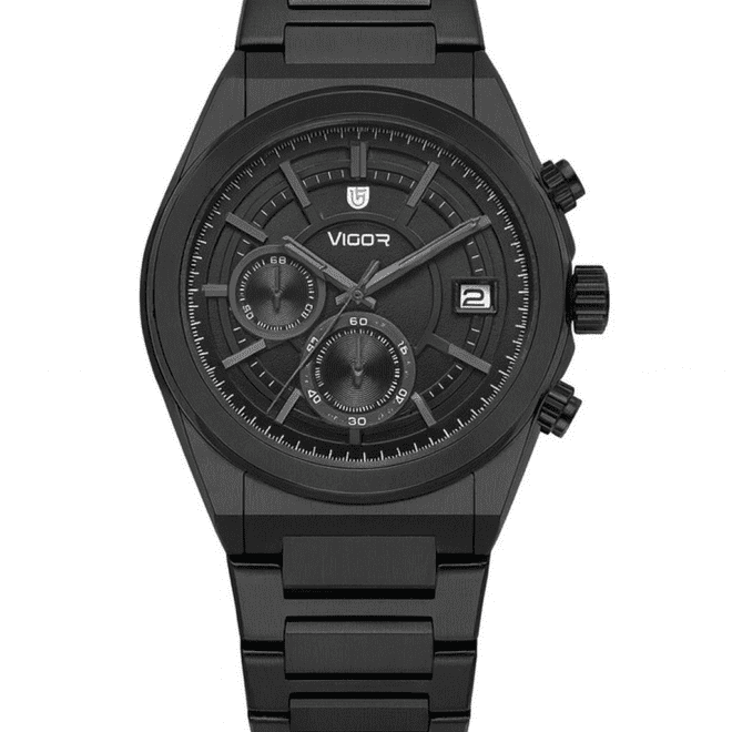 Vigor men’s all-black chronograph watch with black stainless steel bracelet, date display, and quartz movement.