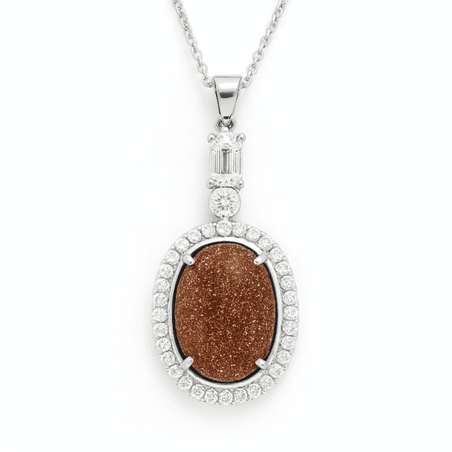 Luxury sunstone pendant with natural sparkling sunstone and diamond halo – custom handcrafted jewelry in Dubai.