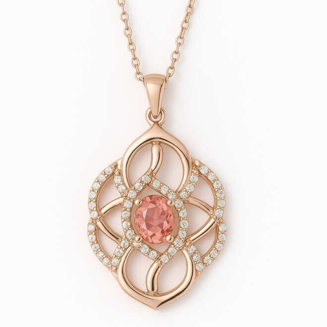 18K rose gold pendant with natural pink gemstone and VS diamonds, G+ color – handcrafted custom jewelry in Dubai.