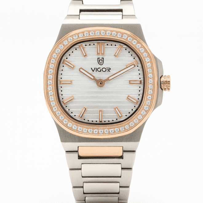 Vigor women’s two-tone silver and rose gold watch with white dial and crystal-set bezel, quartz movement, elegant ladies’ timepiece.