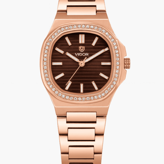 Vigor women’s rose gold watch with chocolate dial and crystal-set bezel, quartz movement, elegant ladies’ design