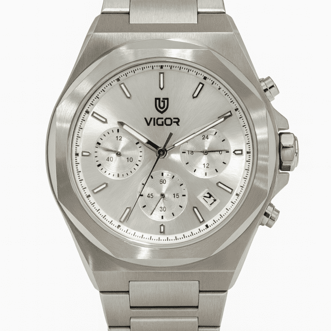 Vigor men’s stainless steel chronograph watch with silver dial, quartz movement, date display, water-resistant, scratch-resistant, 2-year warranty