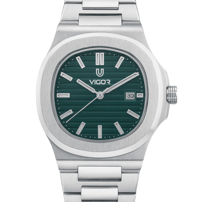 Vigor men’s stainless steel watch with dark green dial, horizontal texture, quartz movement, date display, water-resistant, scratch-resistant, 2-year warranty