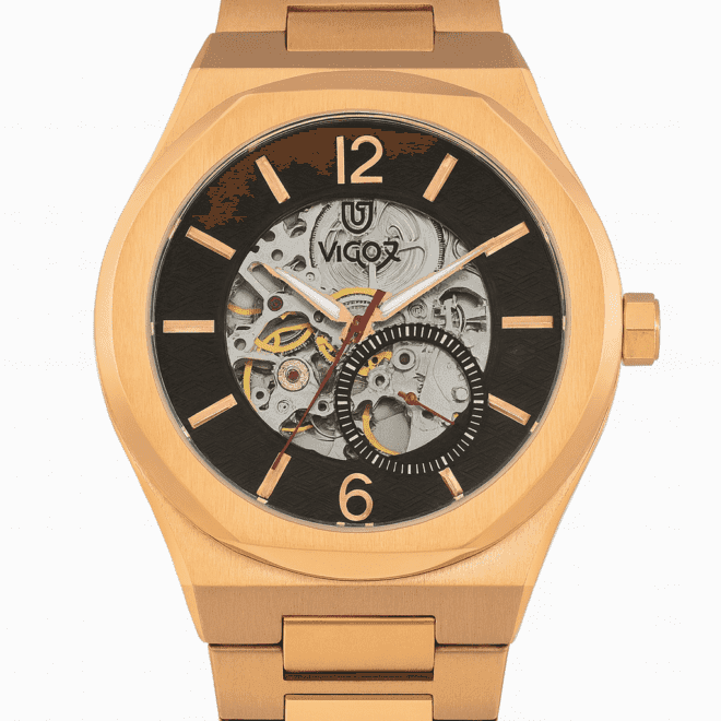 Vigor men’s gold automatic skeleton watch with black outer dial, exposed mechanical movement, water-resistant, scratch-resistant, 2-year warranty