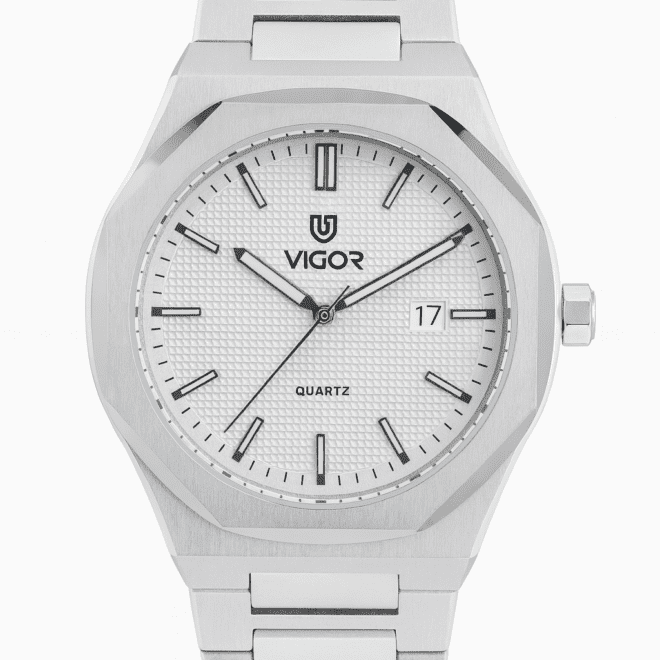 Vigor men’s stainless steel watch with textured white dial, date display, quartz movement, water-resistant, scratch-resistant, 2-year warranty