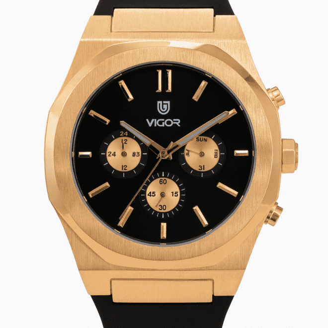 Vigor Swiss Men’s Watch, Rose Gold Stainless Steel Case, Black Dial, Leather Strap, Water-Resistant With 2-Year Warranty