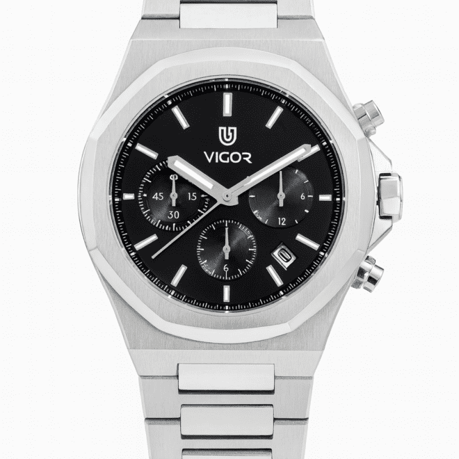 Vigor men’s stainless steel chronograph watch with black dial, quartz movement, date display, water-resistant, scratch-resistant, 2-year warranty.