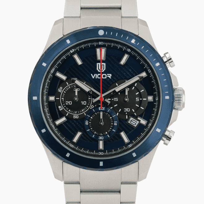 Vigor men’s watch with stainless steel strap, navy-blue bezel, navy-blue dial, Swiss-made movement, water-resistant, scratch-resistant, with 2-year warranty