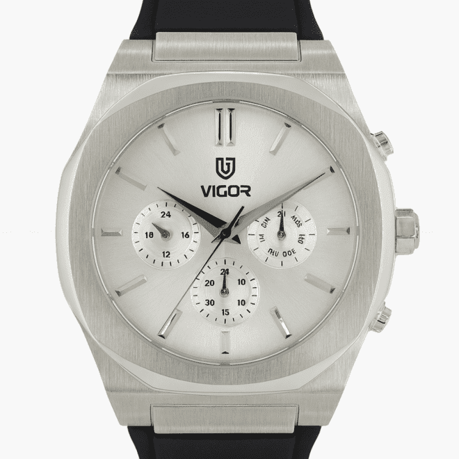 Vigor men’s quartz chronograph watch with stainless steel case, hypoallergenic build, leather strap, and Swiss-made design.