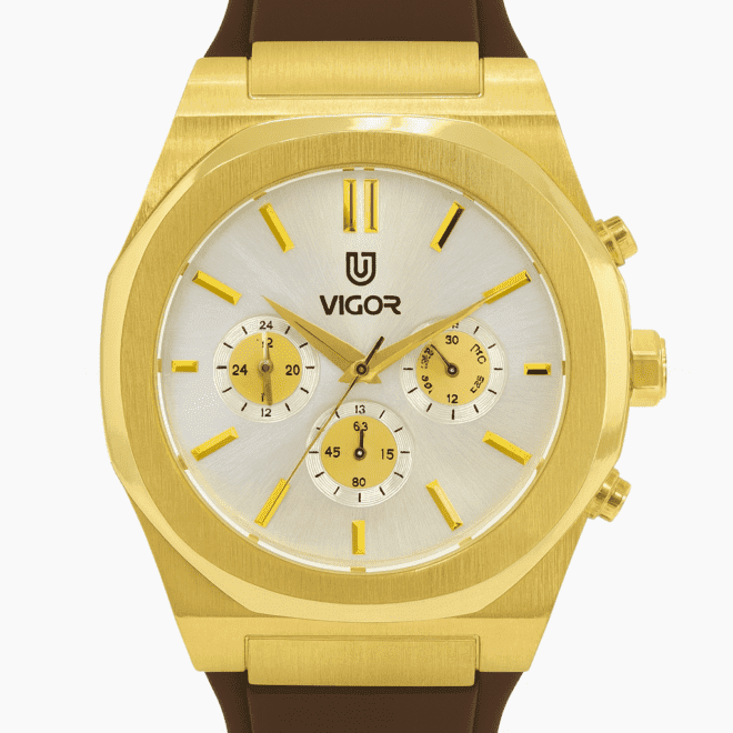 Vigor Swiss Men’s Gold Watch, Silver Dial, Leather Strap, Water-Resistant, Scratch-Resistant, With 2-Year Warranty