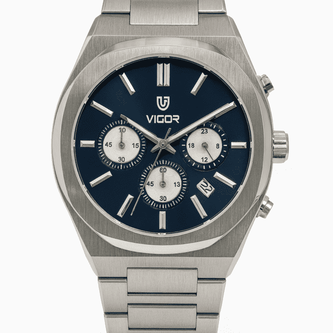 Vigor men’s stainless steel chronograph watch with navy-blue dial, quartz movement, date display, water-resistant, scratch-resistant, 2-year warranty.