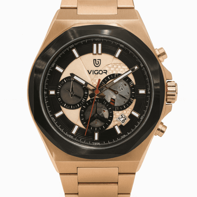 Vigor men’s gold stainless steel chronograph watch with black and gold dial, quartz movement, water-resistant, scratch-resistant, 2-year warranty.