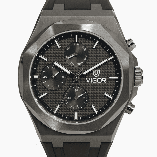 Vigor men’s black and silver chronograph watch with textured dial, rubber strap, quartz movement, water-resistant, scratch-resistant, 2-year warranty.