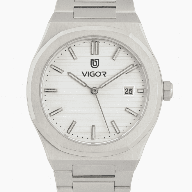 Vigor men’s stainless steel watch with white dial, date display, Swiss-made movement, water-resistant, scratch-resistant, 2-year warranty