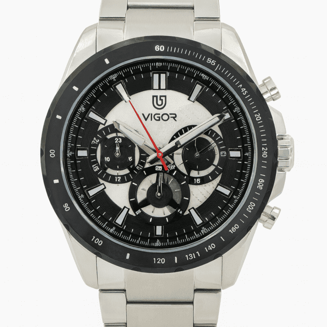 Vigor men’s watch with stainless steel strap, black bezel, white dial, Swiss-made movement, water-resistant, scratch-resistant, 2-year warranty