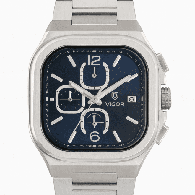 Vigor men’s square stainless steel watch with navy-blue dial, chronograph, Swiss-made movement, water-resistant, scratch-resistant, 2-year warranty.