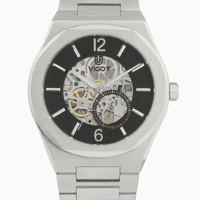 Vigor men’s automatic skeleton watch with stainless steel bracelet, open-heart dial, water-resistant, scratch-resistant, 2-year warranty.