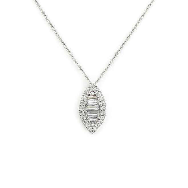 18K White Gold Marquise Diamond Necklace With Baguette And Round Natural Diamonds By Niloofar Jewellery On White Background