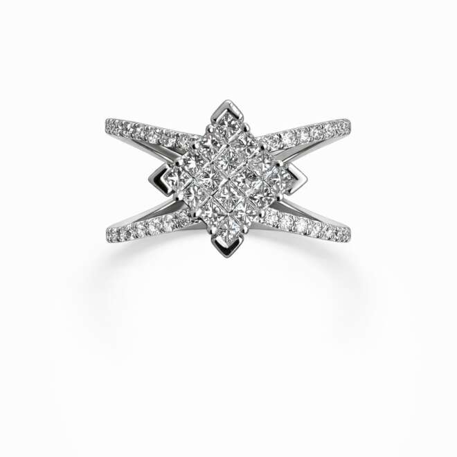 18K White Gold Princess And Round Cut Diamond Engagement Ring By Niloofar Jewellery, Featuring Natural Diamonds