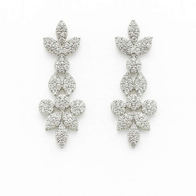 18K White Gold Diamond Floral Drop Earrings With Natural Diamonds By Niloofar Jewellery