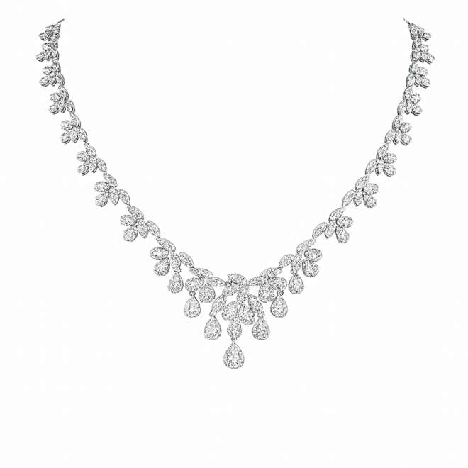 Luxury gold diamond necklace featuring 4.44 carats of natural diamonds in an elegant floral drop design, fine jewelry with worldwide shipping from Dubai.