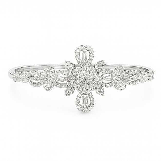 White Gold Diamond Floral Bangle With Natural Diamonds By Niloofar Jewellery