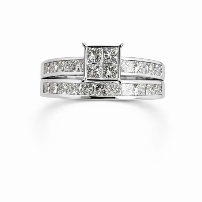 18K White Gold Princess Cut Diamond Engagement Ring Set By Niloofar Jewellery, Featuring Natural Princess Cut Diamonds