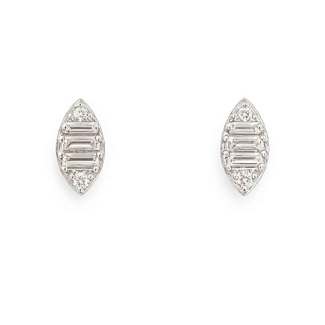 Natural diamond marquise-shaped earrings in 18K white gold with round and baguette diamonds