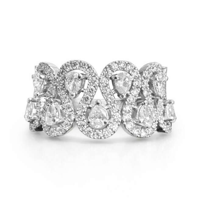 18K Gold Diamond Wave Ring With Pear-Shaped And Round-Cut Diamonds, 1.12 Carat, Luxury Jewelry By Niloofar Jewellery