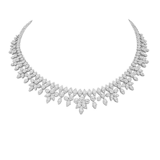 Luxury diamond necklace crafted in gold, featuring 6.14 carats of natural diamonds in an elegant floral design, fine jewelry with worldwide shipping from Dubai
