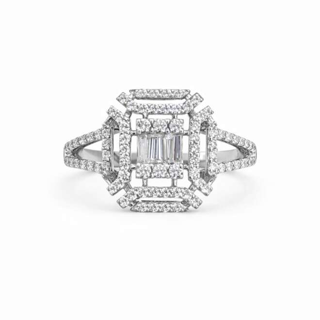 Natural Diamond Ring In 18K White Gold With Baguette And Round Cut Diamonds By Niloofar Jewellery