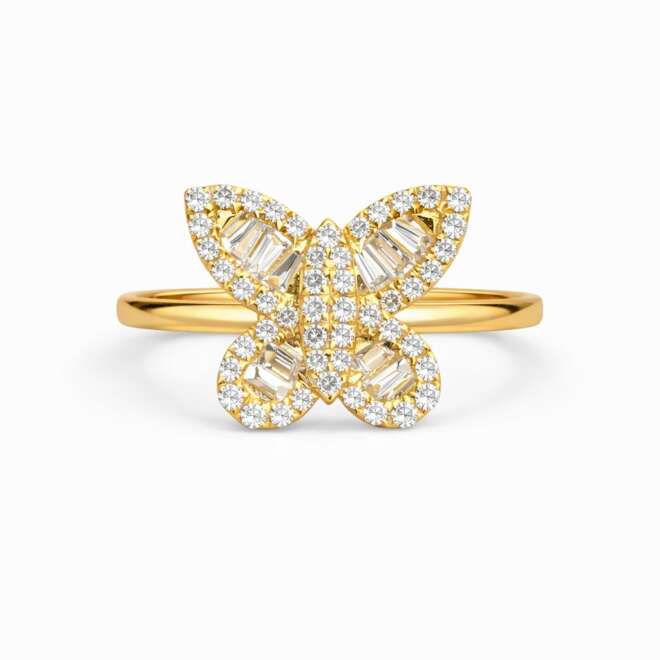 Natural Diamond Butterfly Ring In 18K Yellow Gold With Baguette And Round Cut Diamonds By Niloofar Jewellery