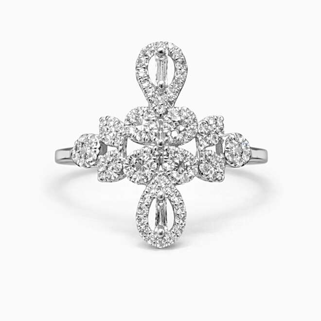 Luxury 18K White Gold Natural Diamond Ring With Belgian Cut Baguette And Round Diamonds By Niloofar Jewellery Dubai