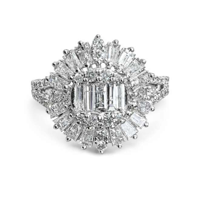 Luxury 18K White Gold Diamond Ring With Baguette And Round Cut Diamonds Belgian Cut By Niloofar Jewellery Dubai