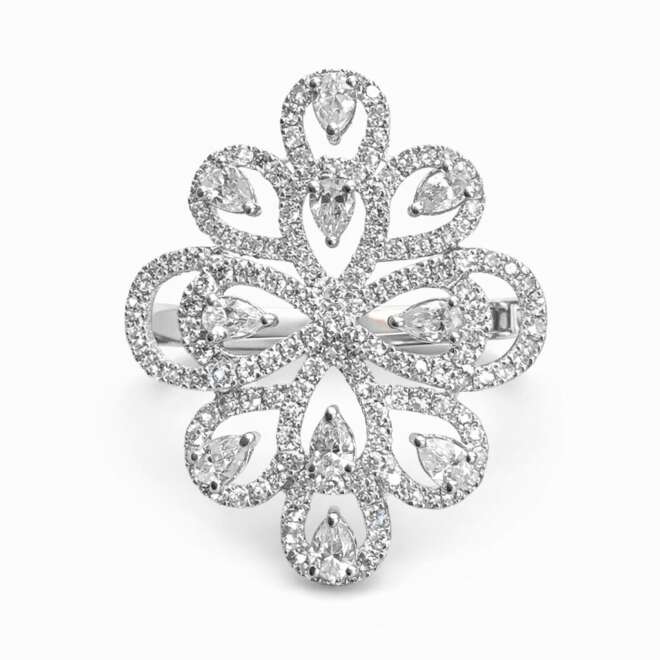 Luxury 18K White Gold Natural Diamond Floral Ring With Pear Shape And Round Shape Belgian Cut By Niloofar Jewellery Dubai