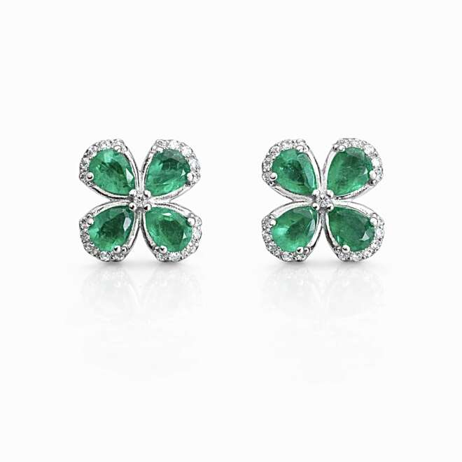 Luxury Natural Zambian Emerald And Diamond Stud Earrings In 18K White Gold By Niloofar Jewellery