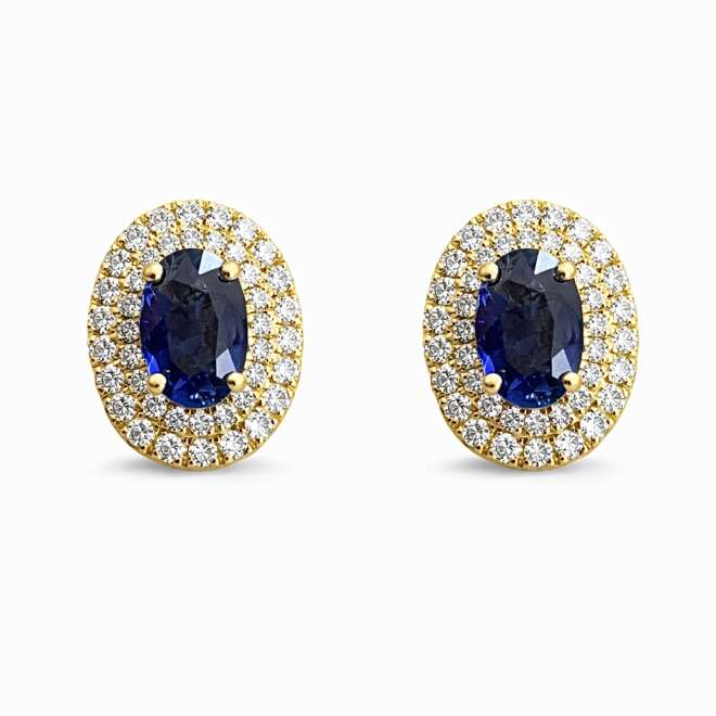 Blue Sapphire And Diamond Stud Earrings In 18K Yellow Gold By Niloofar Jewellery