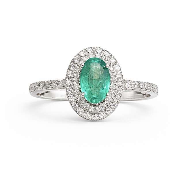 Natural Zambian Emerald And Diamond Ring In 18K White Gold By Niloofar Jewellery