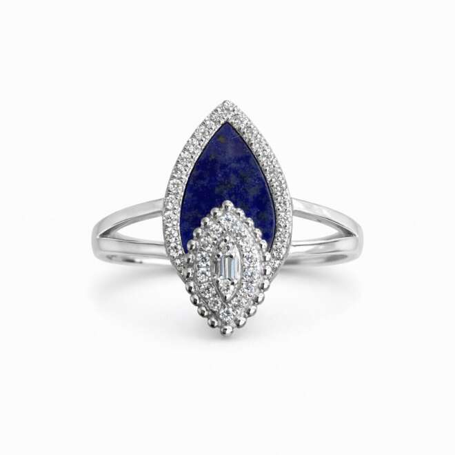 18k White Gold Ring With Natural Lapis Lazuli And Diamonds By Niloofar Jewellery