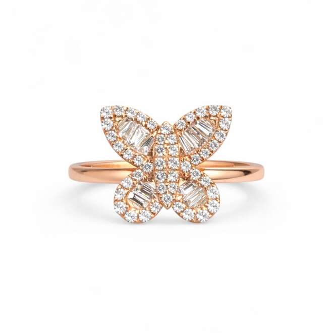 Natural Diamond Butterfly Ring In 18K Rose Gold With Baguette And Round Cut Diamonds By Niloofar Jewellery