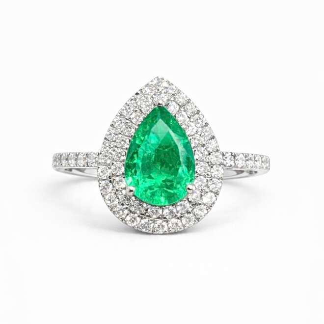 Pear Shape Zambian Emerald Ring With Natural Belgian Diamonds Set In 18K White Gold