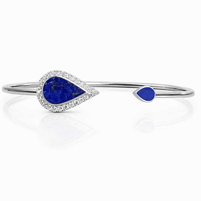 Luxury Natural Lapis Lazuli And Diamond Open Bangle Bracelet In 18K White Gold By Niloofar Jewellery