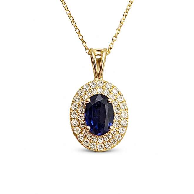 Blue Sapphire And Natural Diamond Pendant In 18K Yellow Gold By Niloofar Jewellery