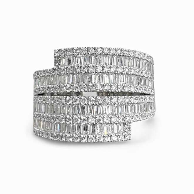 Luxury 18K White Gold Natural Diamond Multi Row Ring With Baguette Cut And Round Shape Belgian Cut By Niloofar Jewellery Dubai